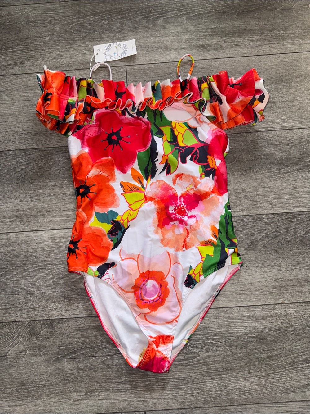 NWT Odasdo Womens Floral Ruffle One-Piece Swimsuit - Pink & Orange